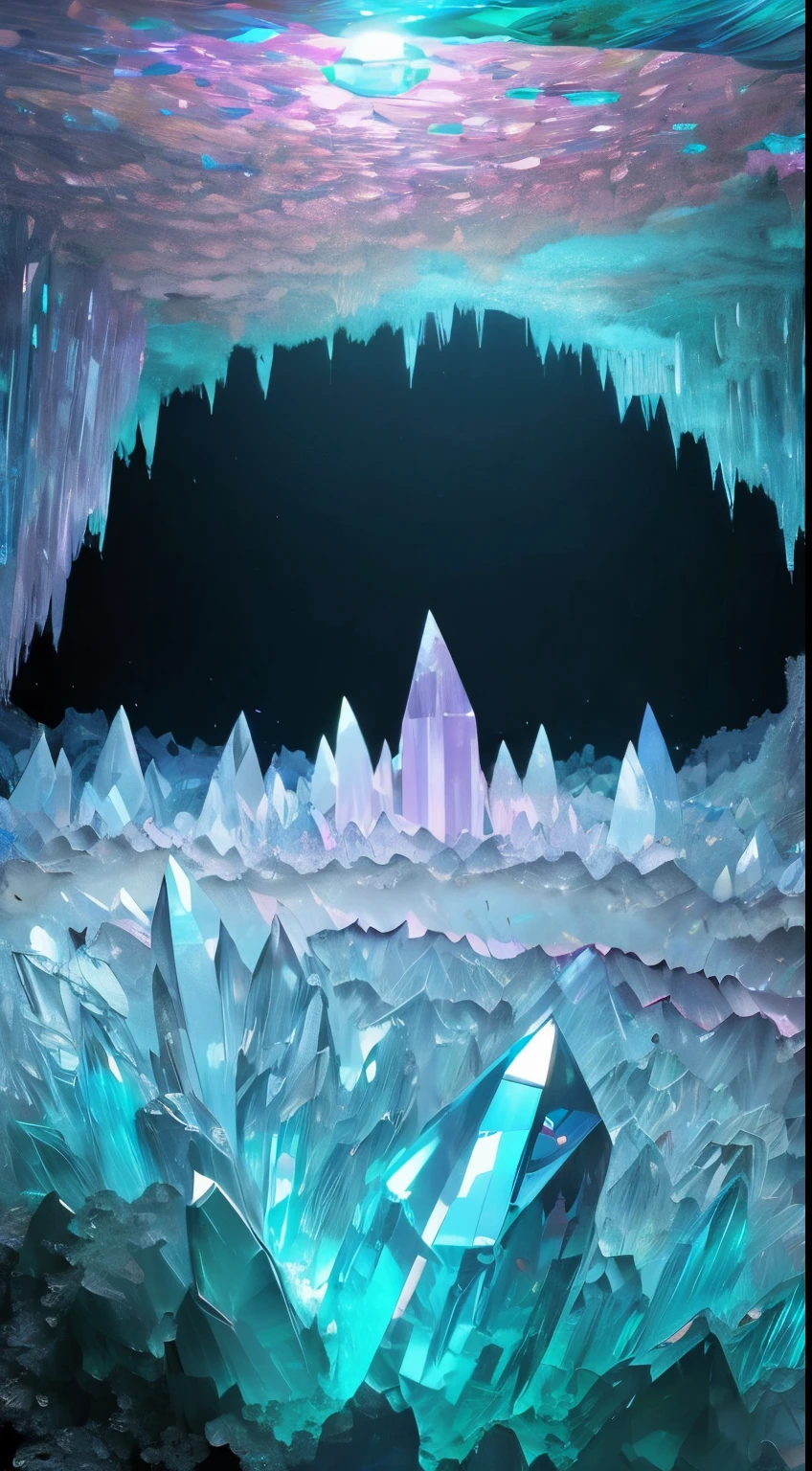 Fantasy cave walls made of mineral crystals,covered with precious crystals, crystal cluster,subsurface, exploration, Stibnite crystals,Glowing crystal, fluorite crystal,associated mineral crystals , Enigmatic Atmosphere, Sparkling crystals, Natural Crystal, sparkling reflections, underground lake, Hidden treasure, mineral structure,(Best quality,ultra - detailed,Best Best Illustration,The best shadow,tmasterpiece,A high resolution,),hyper realisitc,