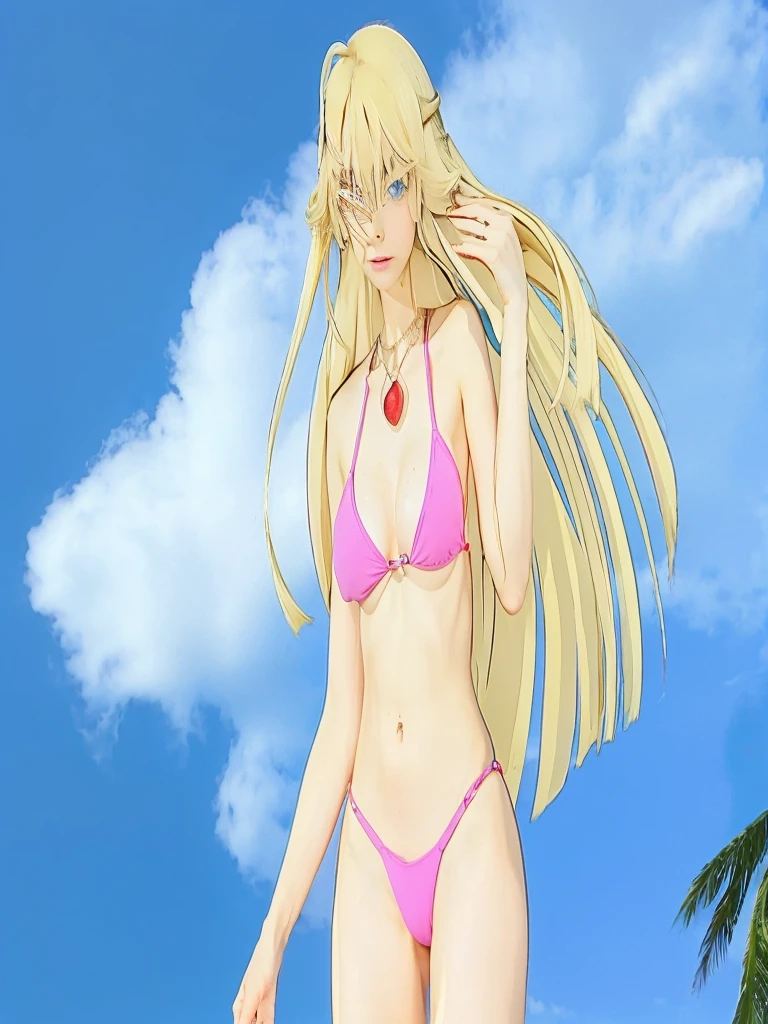 adult blonde female with blue eyes and pink bikini and red necklace with sky in the background and small tree