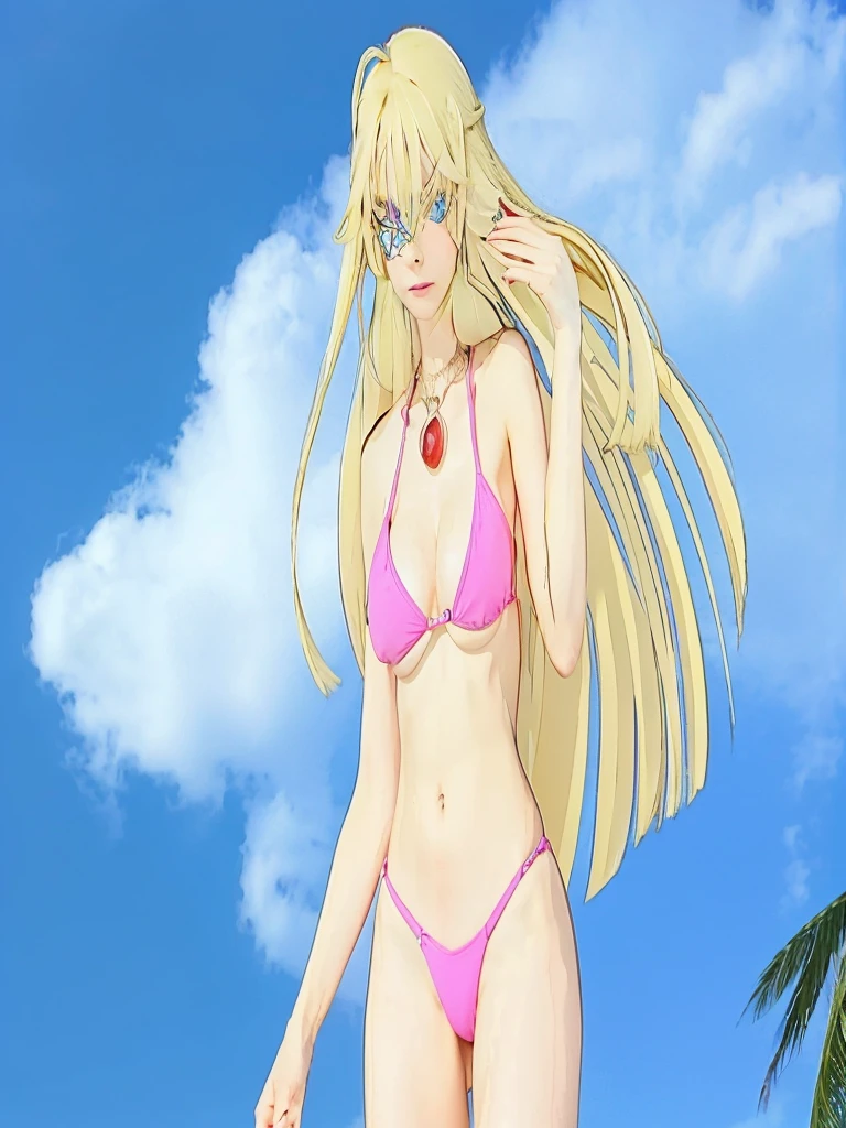 adult blonde female with blue eyes and pink bikini and red necklace with sky in the background and small tree