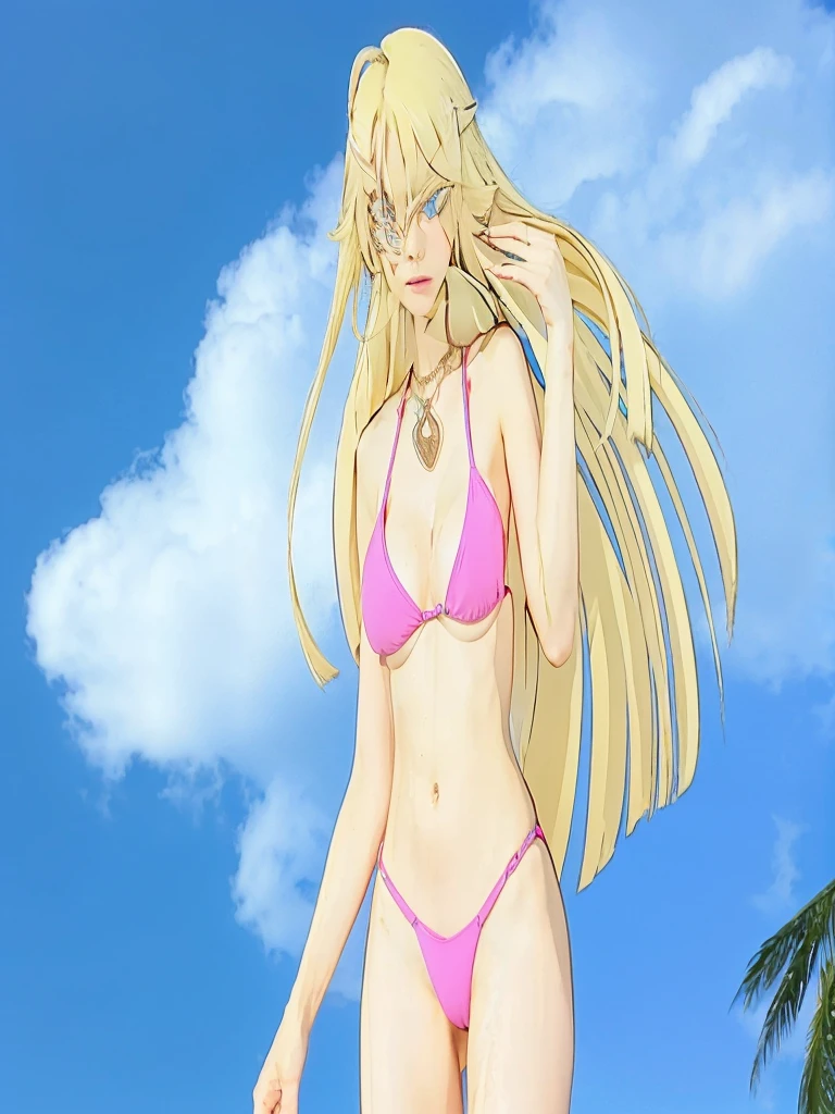 adult blonde female with blue eyes and pink bikini and red necklace with sky in the background and small tree