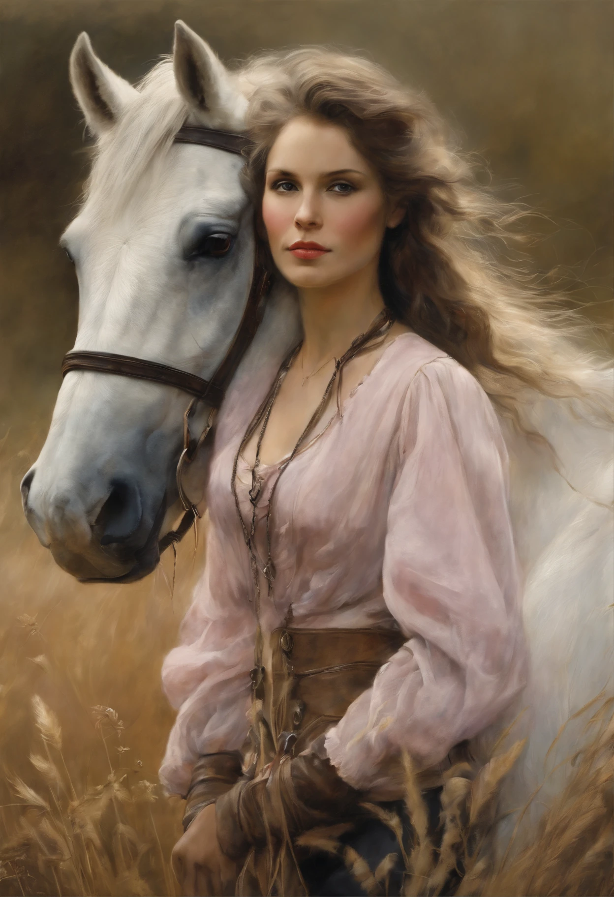真实感, dark fantasy style, John Tolkien style, Small painting by Jean-Baptiste Monge, Soft facial features,Rocker girl hugs horse's neck, Human Hand, Very clear, Without flaws, five fingers, with bright makeup, Modern style, a little full, fat, slight excess weight, Average height, dark pink lips, lip shape"bow" ,"Cool eyebrows in the shape of Angryburts, light gray eyes, large almond-shaped eyes, looking at away, black long wavy hair, hair blowing in wind ,In a short pink skirt, in a leather jacket, wearing boots..., Standing next to a horse, early morning, Wheat field, Jean-Baptiste Monge, anthropomorphic --ar 2:3 --testp -optimistic;