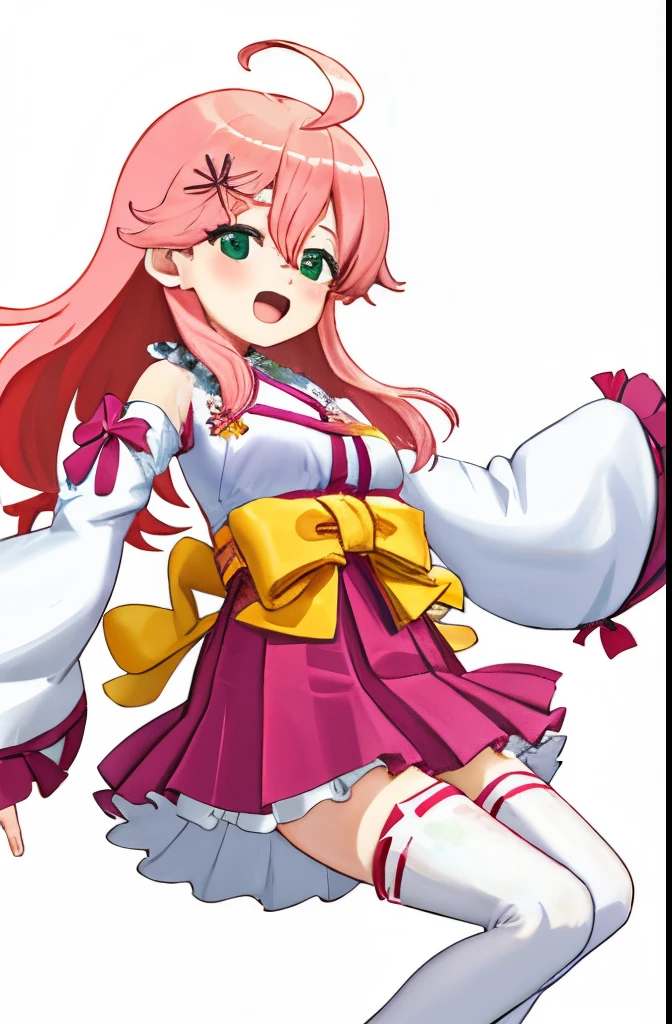 masterpiece, best quality, highres, miko1, sakura_miko, 1girl, green eyes, solo, ahoge, x_hair_ornament, pink_hair, floral print, hairclip,side_less_clothes, (sideboobs:1.4), hair_bell, floral print, long_hair, hair between eyes, one side up, white thighhighs, asymmetrical legwear, wide sleeves, open_mouth,happy,close_eyes, smile,jumping,rising_leg,plump,apart_legs,(overly_long_sleeves:1.1),(beautiful_fingers),sleeves_past_wrists,hands_hidden_sleeves,japanese_temple_background,