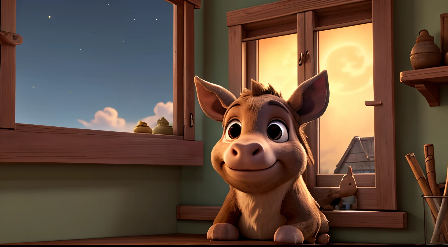 At night, the donkey  with its snout above the windowsill; beside, there are the shutters of a window.
