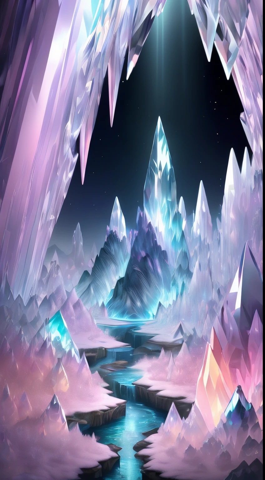 Fantasy cave walls made of mineral crystals，covered with precious crystals, crystal cluster，subsurface, exploration, Stibnite crystals，Glowing crystal, fluorite crystal,associated mineral crystals , Enigmatic Atmosphere, Sparkling crystals, Natural Crystal, sparkling reflections, underground lake, Hidden treasure, mineral structure，(Best quality，ultra - detailed，Best Best Illustration，The best shadow，tmasterpiece，A high resolution，），hyper realisitc，