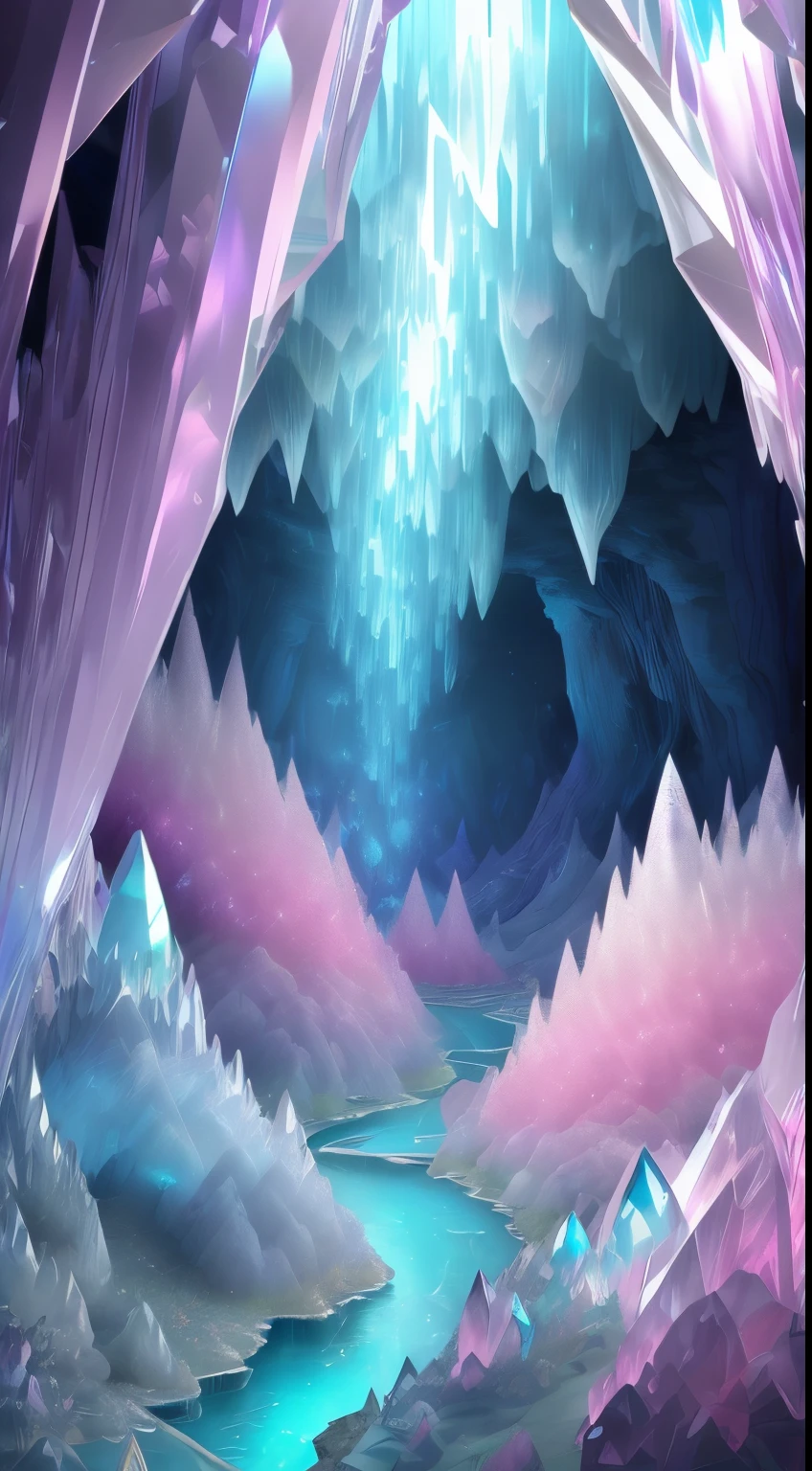 Fantasy cave walls made of mineral crystals，covered with precious crystals, crystal cluster，subsurface, exploration, Stibnite crystals，Glowing crystal, fluorite crystal,associated mineral crystals , Enigmatic Atmosphere, Sparkling crystals, Natural Crystal, sparkling reflections, underground lake, Hidden treasure, mineral structure，(Best quality，ultra - detailed，Best Best Illustration，The best shadow，tmasterpiece，A high resolution，），hyper realisitc，