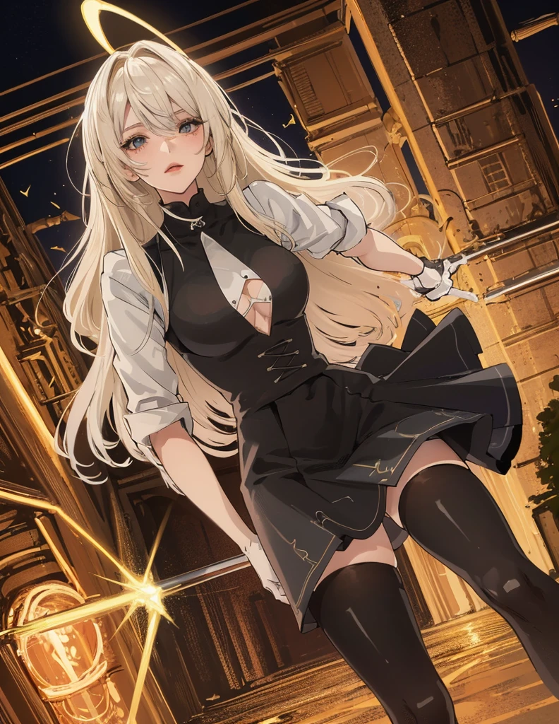 (Best quality at best,4K,A high resolution),actual,sportrait:1.2,Girl with silver hair,Red pupils glow,glowing light eyes,black in color,pleatedskirt,legs long,lips parted,Be red in the face,After that,Fabulous,full bodyesbian,nighttime scene,Mare,suns,rays of sunshine;Blonde hair,eBlue eyes,of gorgeous women,legs long,JK school uniform,Perfect Golden Ratio body,cute big breasts,Black silk dress,a skirt,The shirt,long,perfect pubic,A little blush,blackstockings,pretty legs,beuaty girl,tender