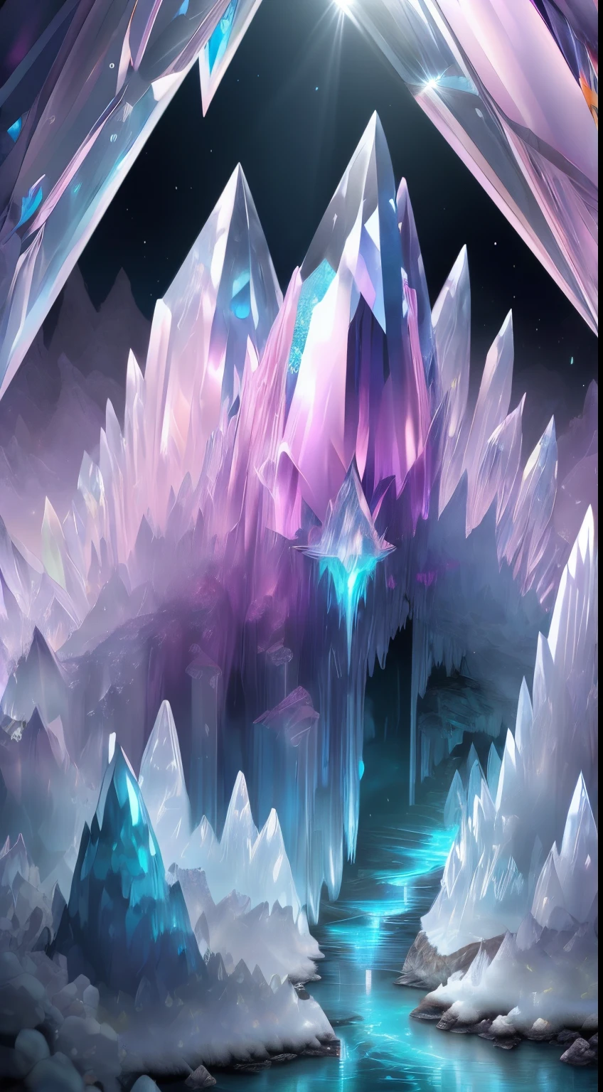 Fantasy cave walls made of mineral crystals,covered with precious crystals, crystal cluster,subsurface, exploration, Stibnite crystals,Glowing crystal, fluorite crystal,associated mineral crystals , Enigmatic Atmosphere, Sparkling crystals, Natural Crystal, sparkling reflections, underground lake, Hidden treasure, mineral structure,(Best quality,ultra - detailed,Best Best Illustration,The best shadow,tmasterpiece,A high resolution,),hyper realisitc,