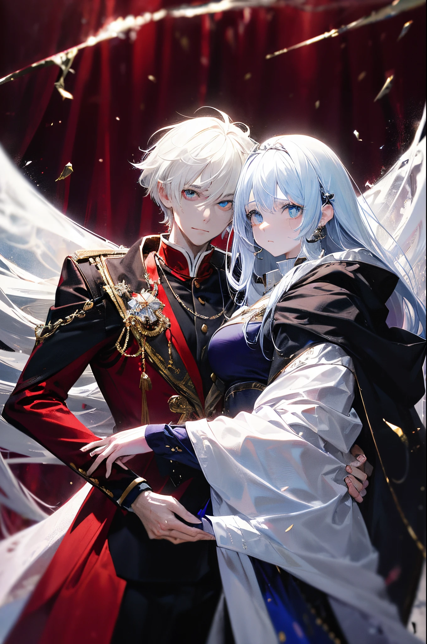 1man, Sharp blue eyes with sharp pupils, White sharp hair and he wears the robe of the Demon King、Was hugging his red-eyed wife((41 year old face))