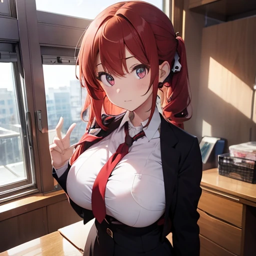 1 girl,spiral eyes,red hair,big boobs, office outfit,
