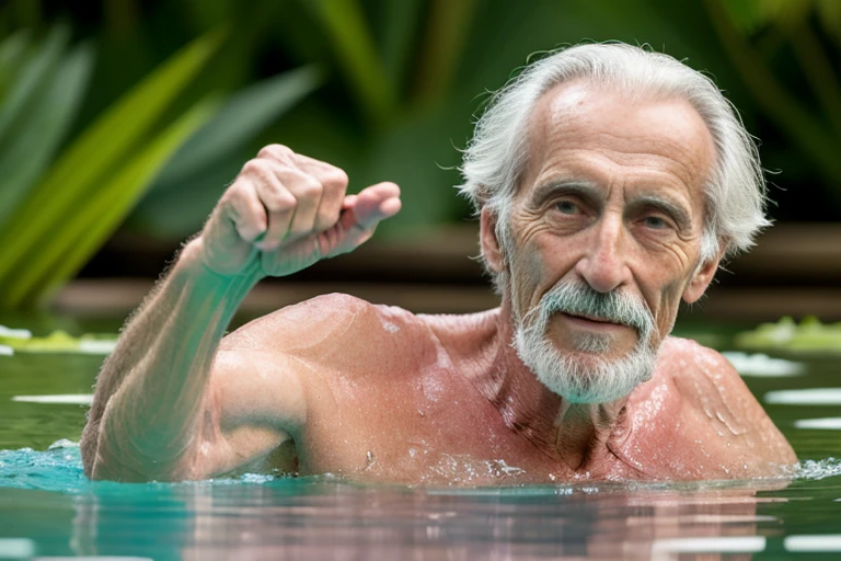 John Glover, An elder with a long beard and white hair, with a serene face wrinkles, looking producing, body older weak, skinny bones hairy, body naked, his shirt was open to reveal his stomach wrinkles older hairy weak and chest, arms legs neck hands feet skinny old and weak, shy and blushed, Lying in swimming pool ,water lily,master-piece,4K images,beste-Qualit