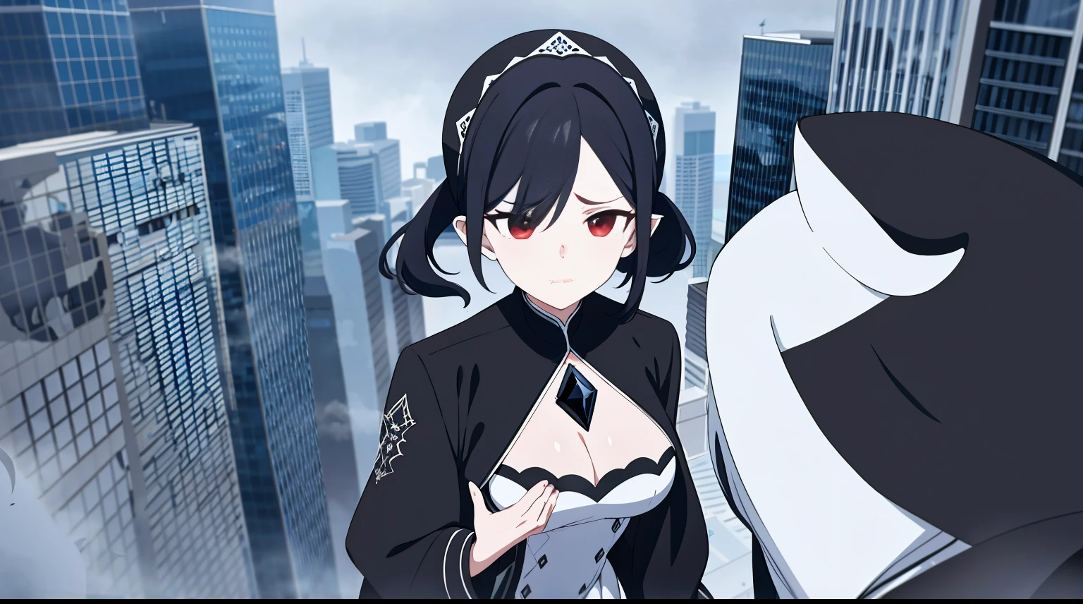 ((tmasterpiece:1.4, Best quality))+, (hyper-detailing)+, (exquisite red eye:1.5)+, (Detailed ears:1.5), (cute girls), (The shirt,a white long skirt:1.5), Tight white silk, Short hair details, long braid,biting pigtails,no headwear,(Black flowers:1.2), pale-skinned, (white cloth:1.5), (Black Martin boots:1.4), modern ,Flock of Birds,Surrounded by huge black trees, The whole city shrouded in thick fog,Mechanical City,Giant black crystals are scattered throughout the city,Looking up at tall buildings from the street,Flying dust,(white headscarf:1.1), (dawn light:1.2), ), (closeup cleavage:1.1), the only person, Dark black hair, hair covering one eye, V-shaped eyebrows, Gloom (have expressed), from back, from the above, Best quality, A high resolution, high detal, high high quality, 16k