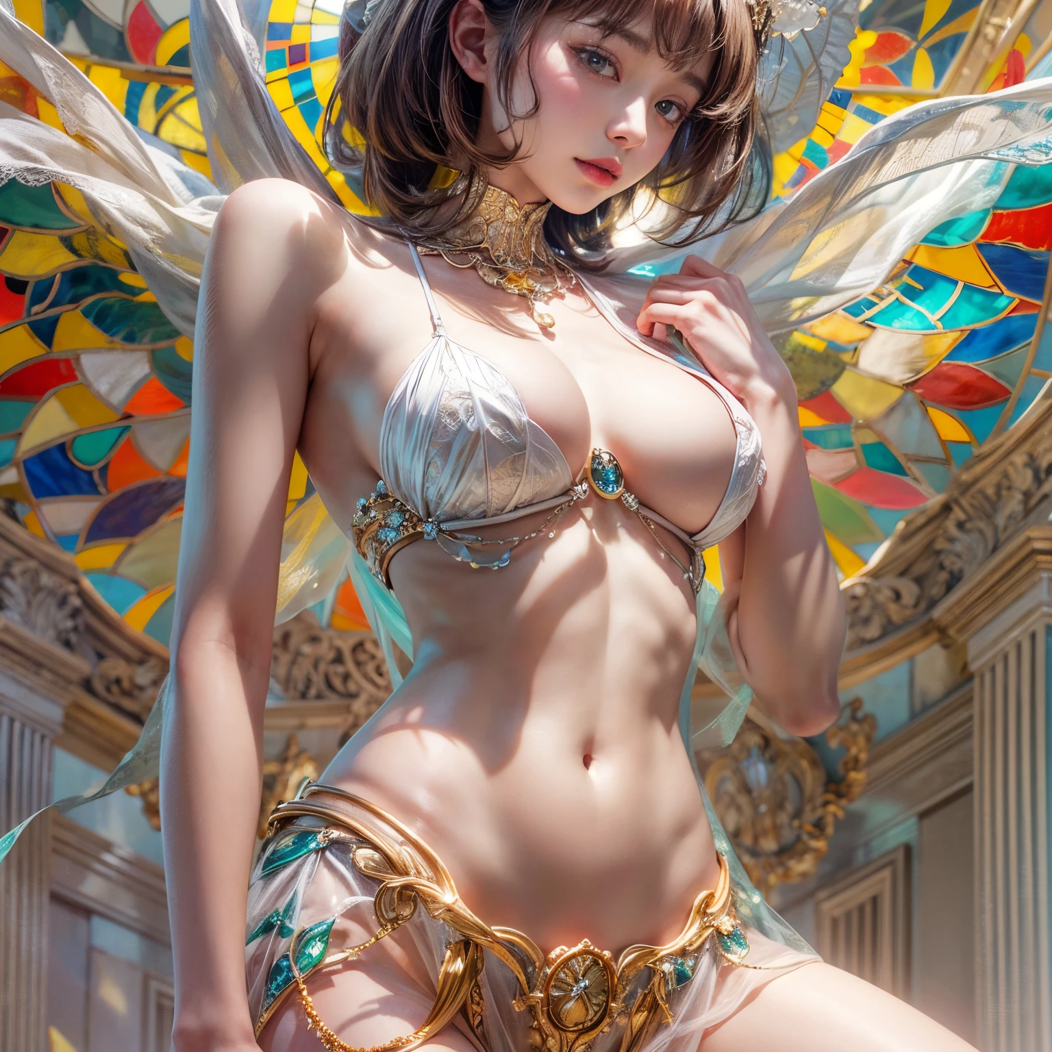 ( Masterpiece, White and vivid colors, (Exposed:1.2), (nipple:-0.9)(Acutance:0.9)), (((Renbutsu Misako|Misako Renbustu))), ((face variations)), { Navel | pretty Ass }, portrayed in the best quality and high resolution. The image should be ultra-detailed, realistic, and photorealistic with a touch of rawness. concept art. The color tone should be vibrant and vivid, enhancing the overall visual impact. (Whole Body proportions and all limbs are anatomically accurate), (Vivid Colorful light shines through the delicate stained glass). delicate limbs, Detail of sparkling oiled ivory skin, (short Bob, delicate wear), Whole Body proportions and all limbs are anatomically accurate .