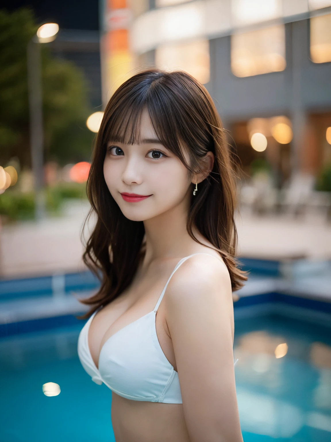 masutepiece, Best Quality, Illustration, Ultra-detailed, finely detail, hight resolution, 8K Wallpaper, Perfect dynamic composition, Beautiful detailed eyes, Wearing a bikini swimsuit,Medium Hair,Natural Color Lip, Bold sexy poses,Smile,Harajuku、20 years girl、Cute、Sexy shot looking at camera、C Cup、Brown hair、cacique#39;s face、Blurry night pool background