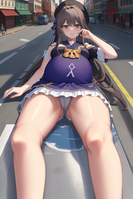 Giant maiden，Moe two-dimensional style，Pregnancy status，Round belly，Gaze at the bustling city，Lying on the market。