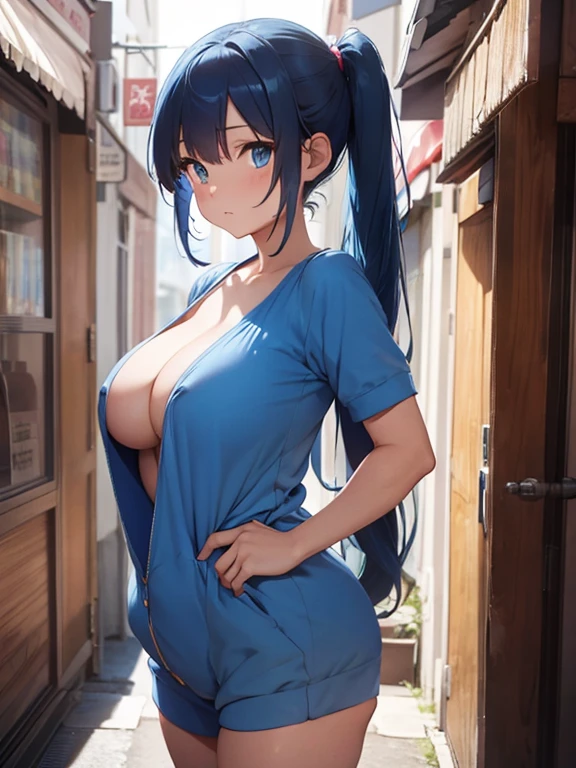 blue hair,blue eyes,big boobs, onesie,nude