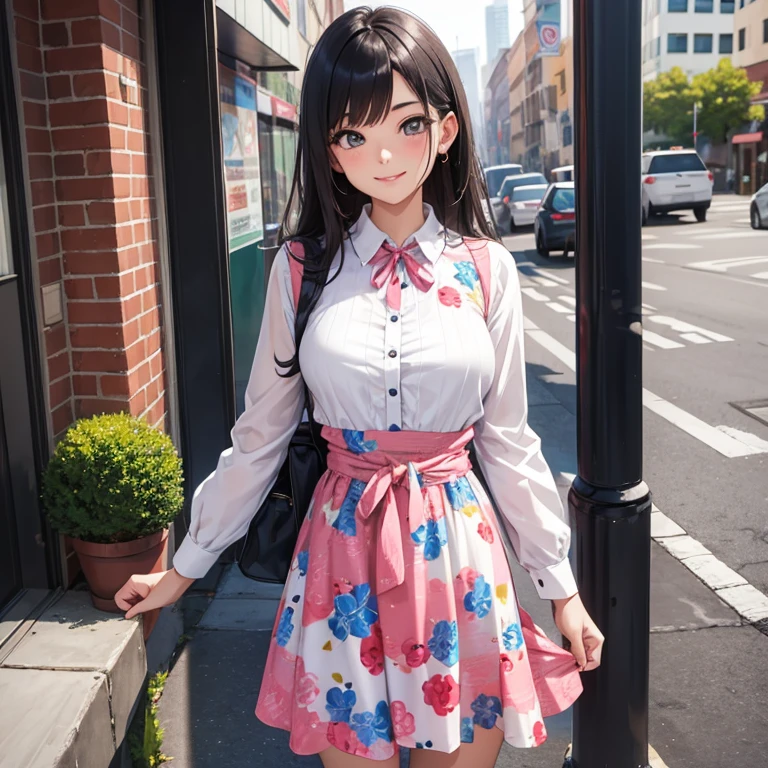 A 25 years old girl wearing Printed Fit & Flare Dress with Waist Tie-Up smiling face, looking at viewer