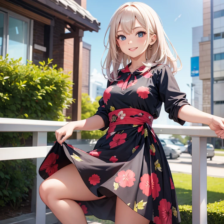 A 25 years old girl wearing Printed Fit & Flare Dress with Waist Tie-Up smiling face, looking at viewer
