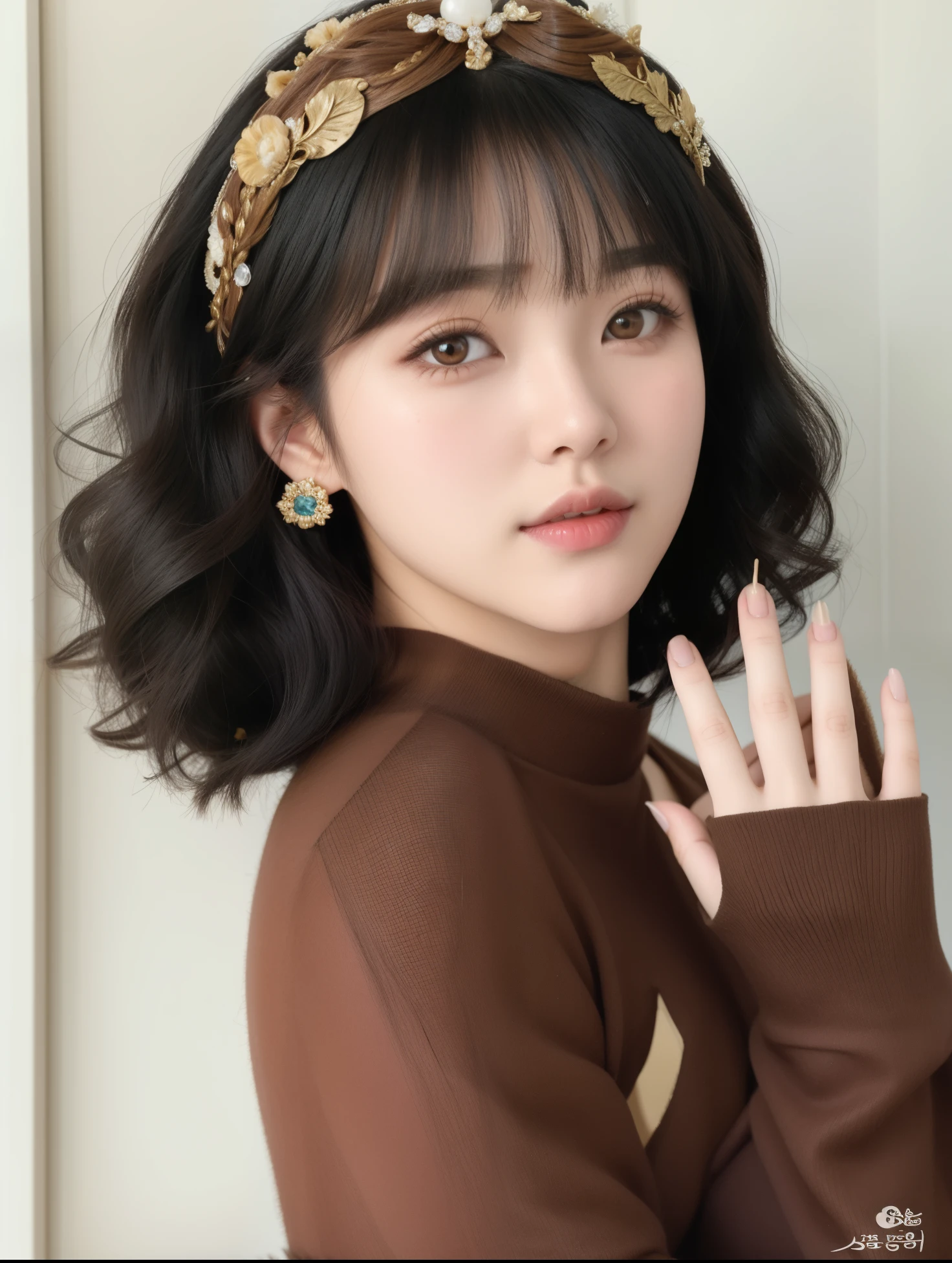 un primer plano de una mujer con una diadema con estampado de leopardo, ulzzang, flequillo rizado, flequillo rizado y cola de caballo, Cabello limpio con flequillo, con el pelo corto, Cabello negro ondulado con flequillo, Sakimichan, con pelo corto con flequillo, cabello negro hasta los hombros, Hermosa joven coreana, maquillaje coreano popular, Hermosa joven coreana, Wan adorable cara coreana