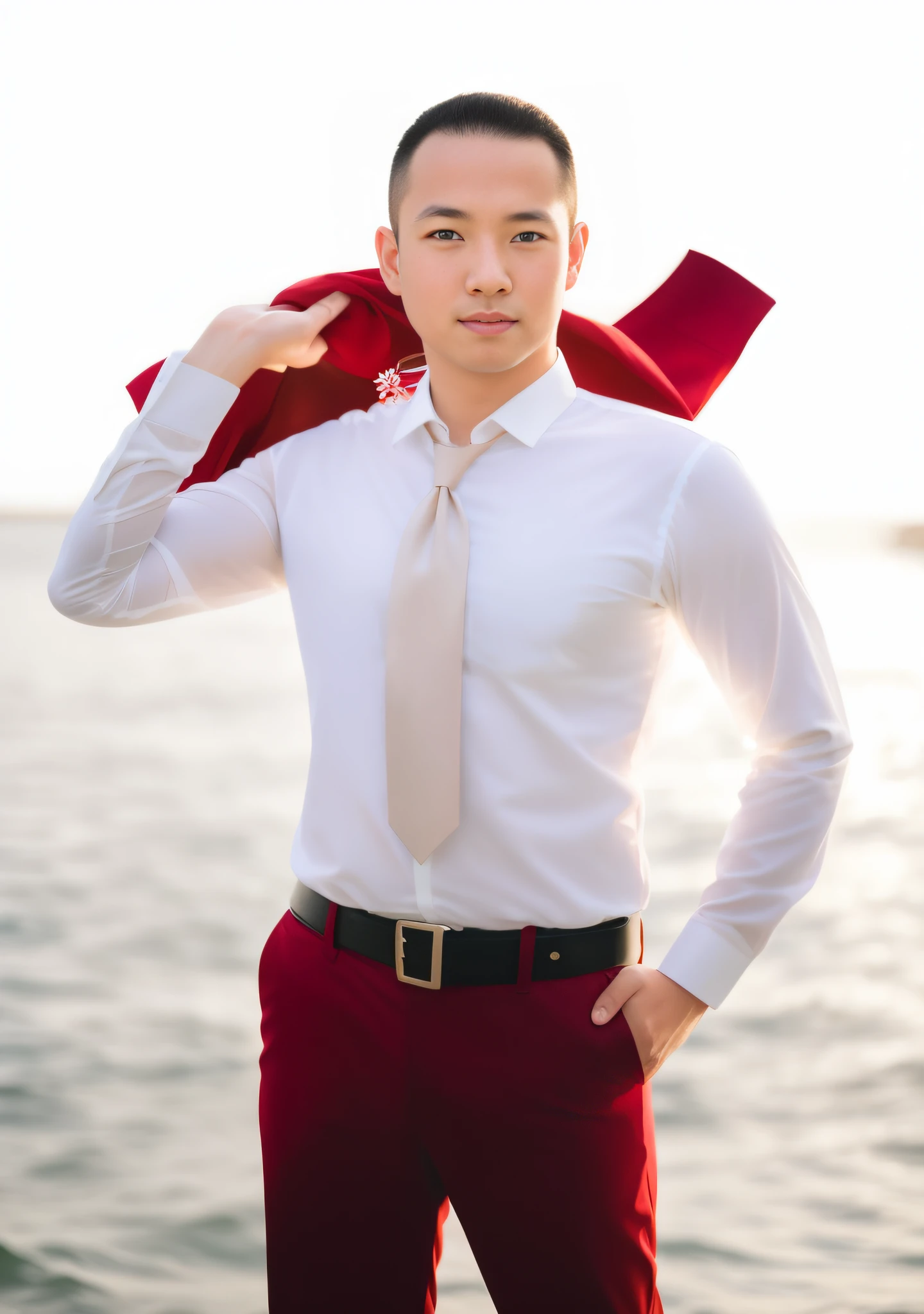 arafed man in a white shirt and red pants standing by the water, full body portrait shot, wearing red attire, asian male, wearing red formal attire, asian man, fine professional photo, red cloth around his shoulders, portrait shot, well lit professional photo, professional portrait photo, emmanuel shiu, handsome chad chin, full body photograph, handsome man, photo portrait