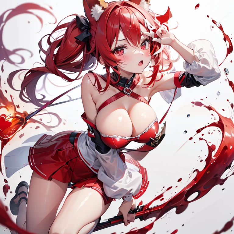 Fox ear girl,Use a hand filled with red liquid to create a red heart,Be red in the face,Rapid heartbeat