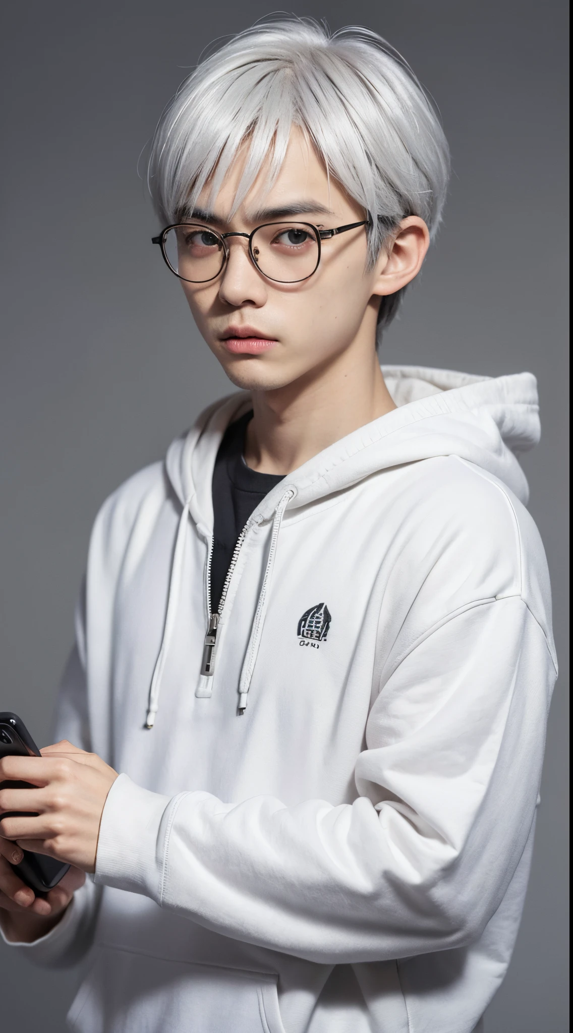 (8K, 16K, masutepiece, Raw photo, Highest Quality, Top resolution, Works of famous artists, ultra detailed photographic), (Front view, view straight on, Upper body photo, looking at the camera, All of the upper body is visible, wide shot, half body photo, from front), (gray background, Gray close to white), (Caucasian skin, Asian man with narrow eyes, Men with white hair, fair-skinned man, Similar to Masaki Suda, Similar to Big Bang g-dragon), (expressionless, neutral), (have a smart phone, Smartphone in right hand), (white Hoodie, Wear white clothing), (heavy bangs, mash hair, mushroom hair),(Smaller lenses, smaller spectacles, round spectacle lenses, Stainless steel glasses)