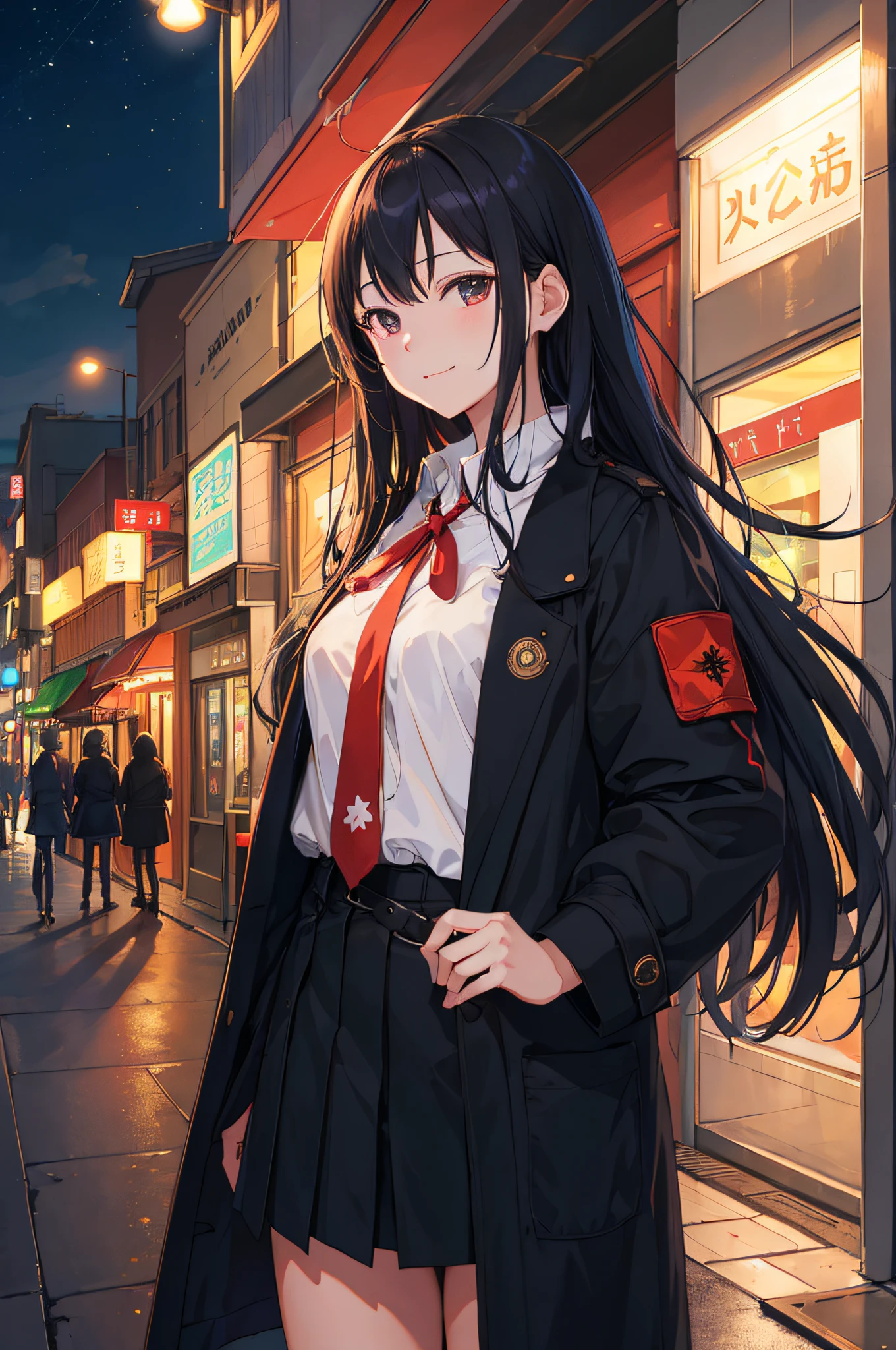 (masutepiece, 超A high resolution, Best Quality:1.1), (Flat color), 1girl in, Solo, , Cowboy Shot, (depth of fields:1.2), (Night), (Long coat), Downtown, (streetlights:1.1), (Fantastic lighting), Looking at Viewer, Black hair, Long hair, [Smile], (Closed mouth)