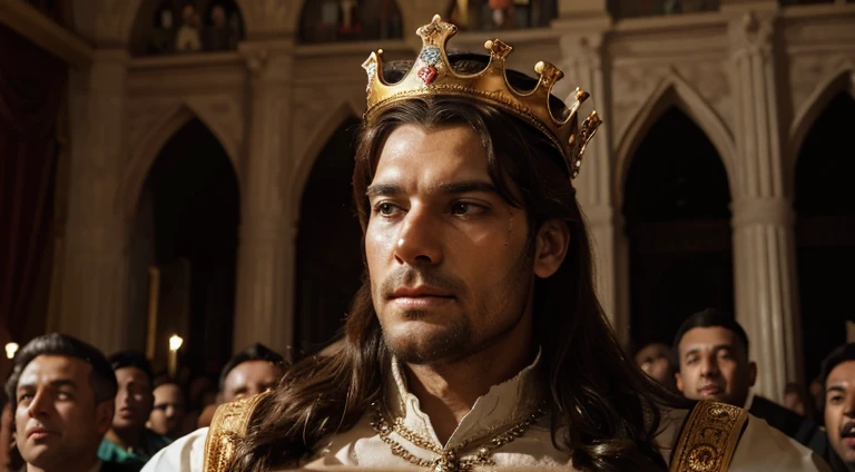 (best quality, ultra-detailed, realistic) king with crown on his head, enjoying a party, with many people around, inside his castle