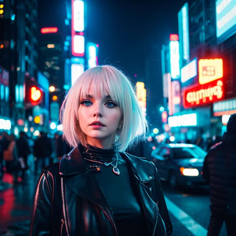 Caucasian short hair white hair night city cyberpunk