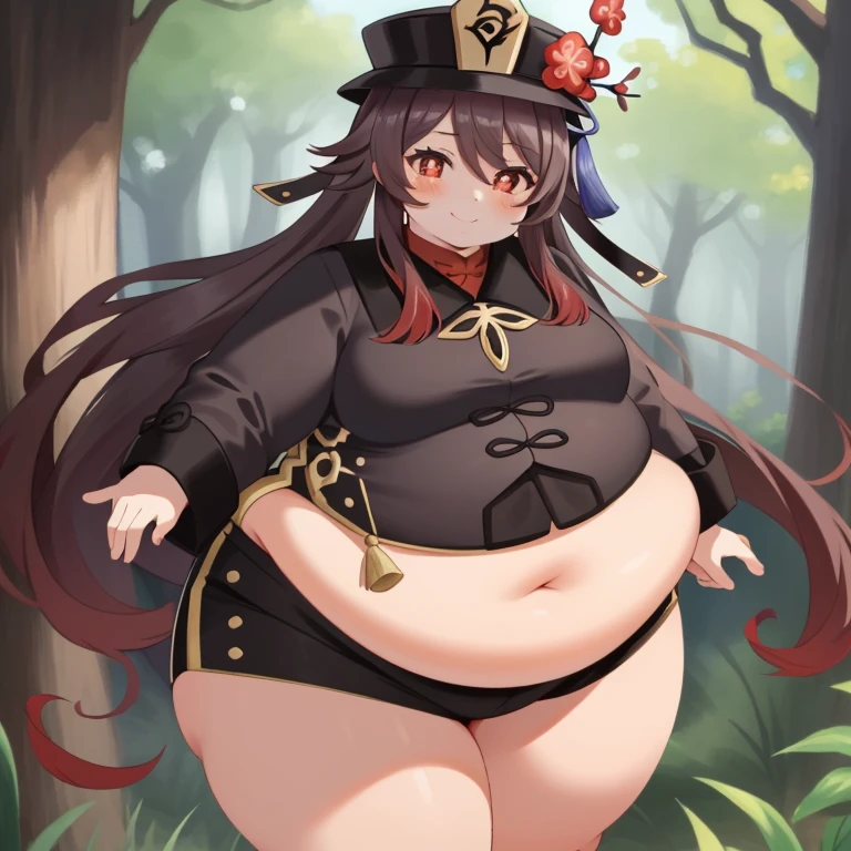 extremely detailed CG, high resolution, best quality, masterpiece, (bishoujo:1.3), (game cg), obese hutaodef, smile, forest,  obese belly, obese thick thighs, obese arms, big cheeks, obese neck, small chests