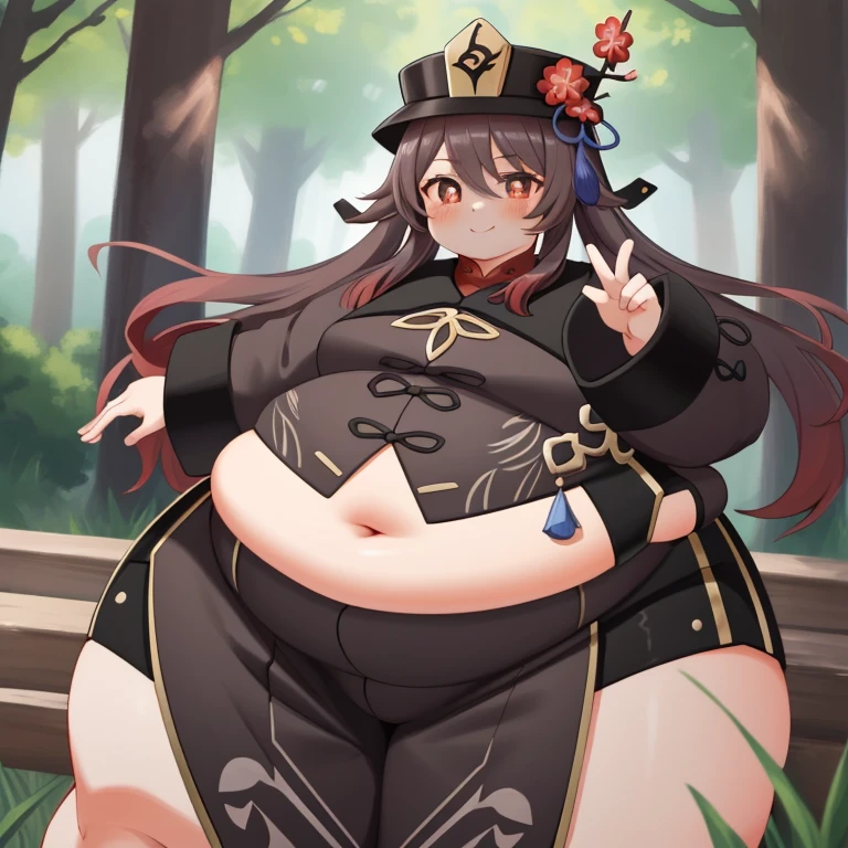 extremely detailed CG, high resolution, best quality, masterpiece, (bishoujo:1.3), (game cg), obese hutaodef, smile, forest,  obese belly, obese thick thighs, obese arms, big cheeks, obese neck, small chests