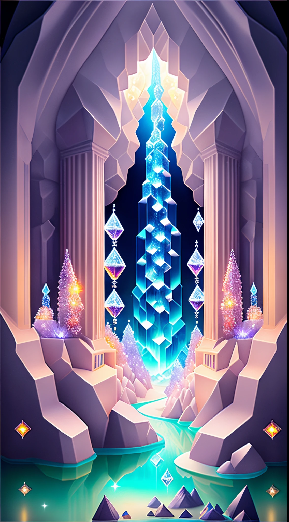 Fantasy cave walls made of mineral crystals，covered with precious crystals, crystal cluster， s fractal art，subsurface, exploration, Glowing crystal, fluorite crystal,associated mineral crystals , Enigmatic Atmosphere, Sparkling crystals, Natural Crystal, sparkling reflections, underground lake, Hidden treasure, mineral structure，(Best quality at best，ultra - detailed，Best Best Illustration，The best shadow，tmasterpiece，A high resolution，professionalartwork，famousartwork），hyper realisitc，