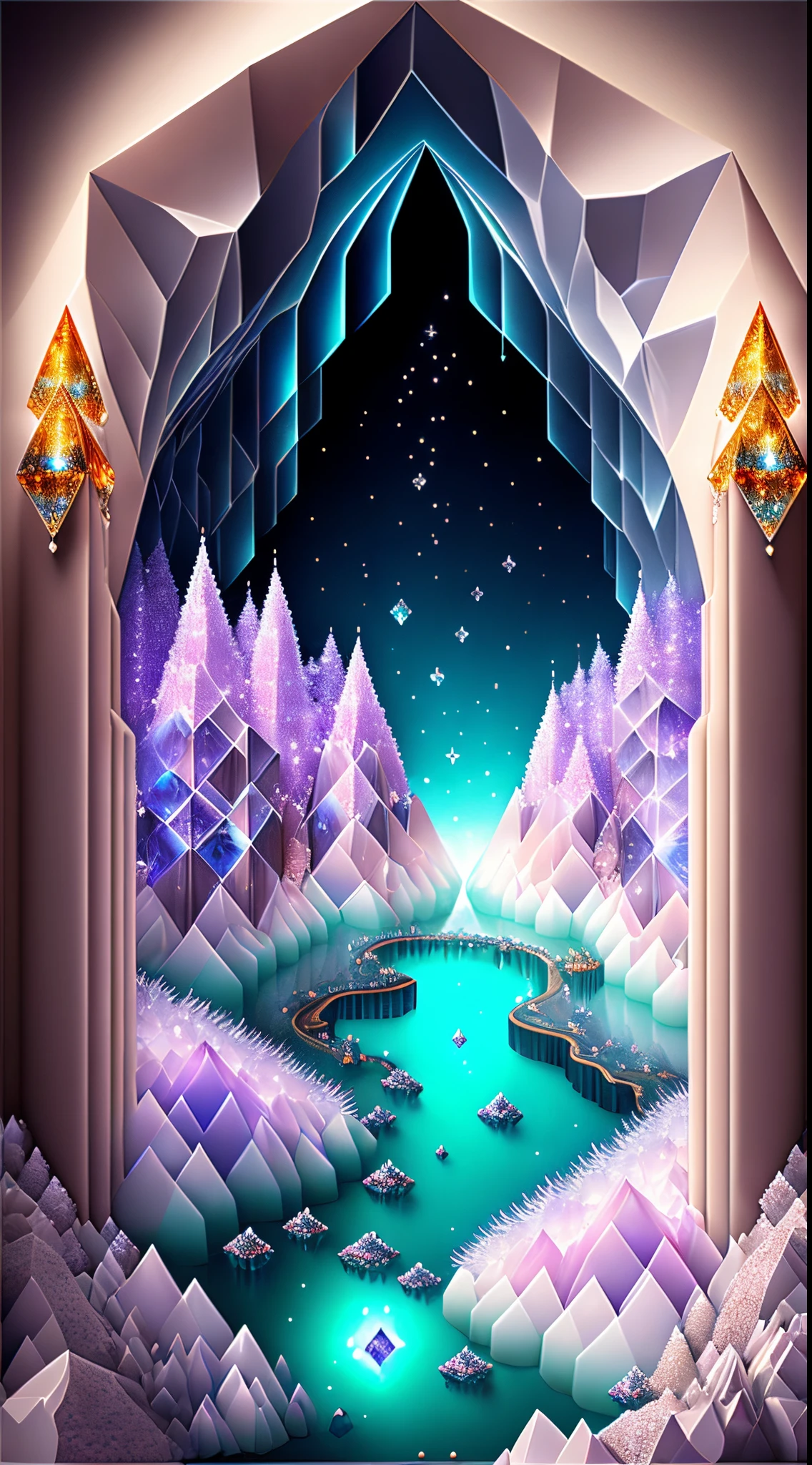 Fantasy cave walls made of mineral crystals，covered with precious crystals, crystal cluster， s fractal art，subsurface, exploration, Glowing crystal, fluorite crystal,associated mineral crystals , Enigmatic Atmosphere, Sparkling crystals, Natural Crystal, sparkling reflections, underground lake, Hidden treasure, mineral structure，(Best quality at best，ultra - detailed，Best Best Illustration，The best shadow，tmasterpiece，A high resolution，professionalartwork，famousartwork），hyper realisitc，