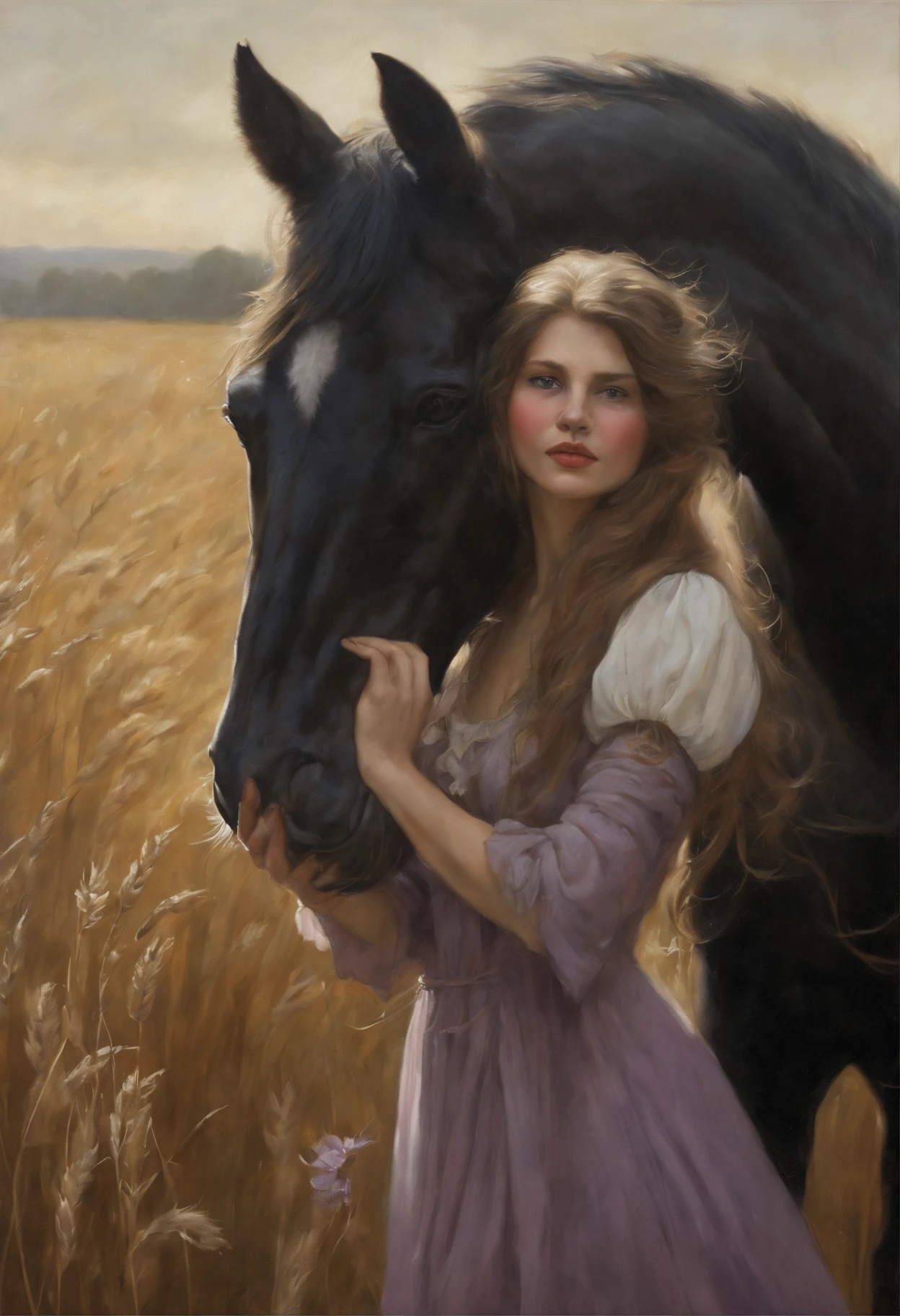 真实感, dark fantasy style, John Tolkien style, Small painting by Jean-Baptiste Monge, Soft facial features,Rocker girl hugging a horse&#39;neck, Human Hand, Very clear, Without flaws, five fingers, with bright makeup, Modern style, a little full, fat, slight excess weight, Average height, dark pink lips,  lip shape"bow" ,"Cool eyebrows in the shape of Angryburts, light gray eyes, large almond-shaped eyes, looking at away, black long wavy hair,  hair blowing in wind ,In an airy lilac dress, The dress flutters in the wind, In sandals..., Standing next to a horse, early morning, Wheat field, Jean-Baptiste Monge, anthropomorphic --ar 2:3 --testp -optimistic;