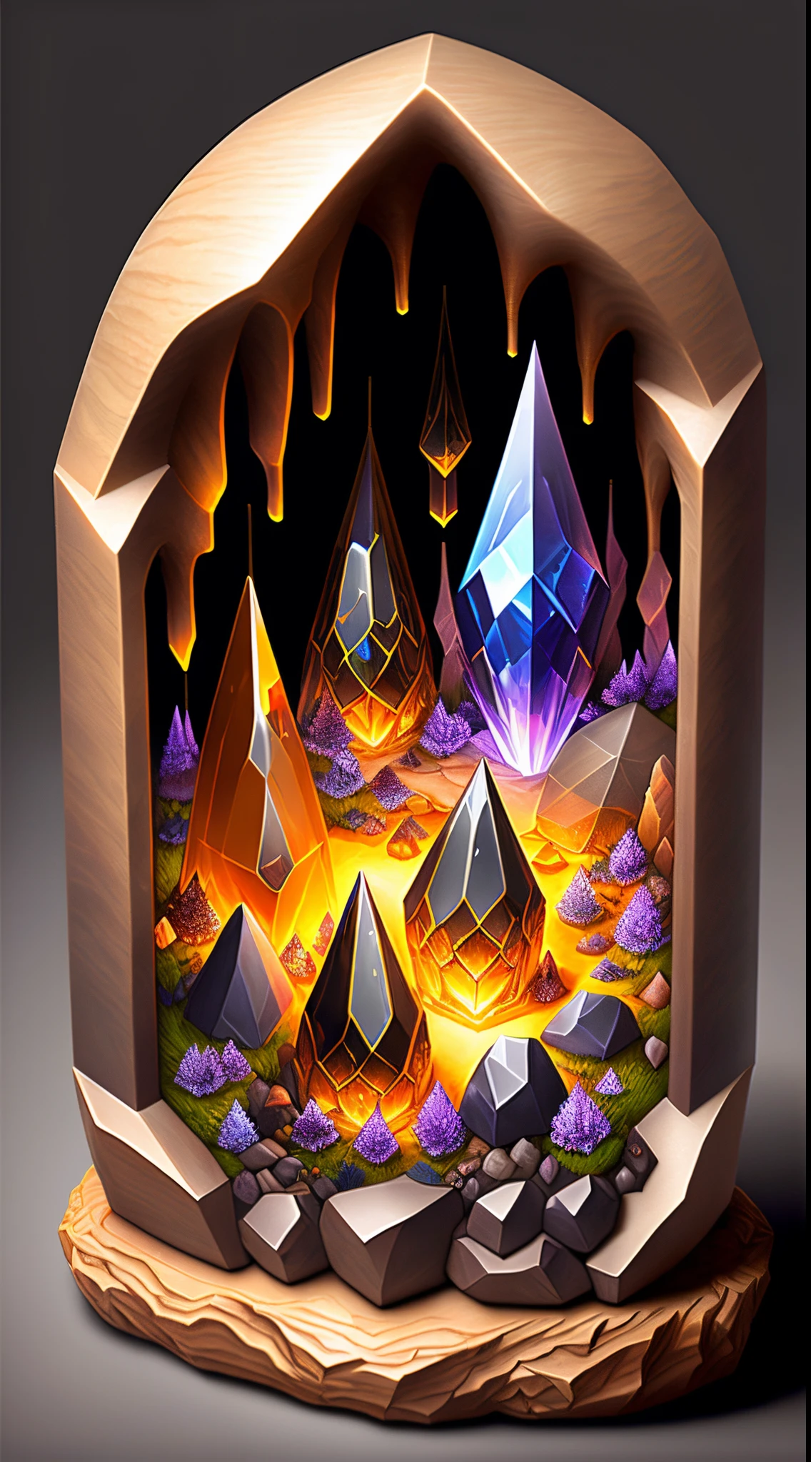 the Crystal Caverns,desktop accessories,Strange stone art,(Best quality at best,ultra - detailed,Best Best Illustration,The best shadow,tmasterpiece,A high resolution,professionalartwork,famousartwork),hyper realisitc,