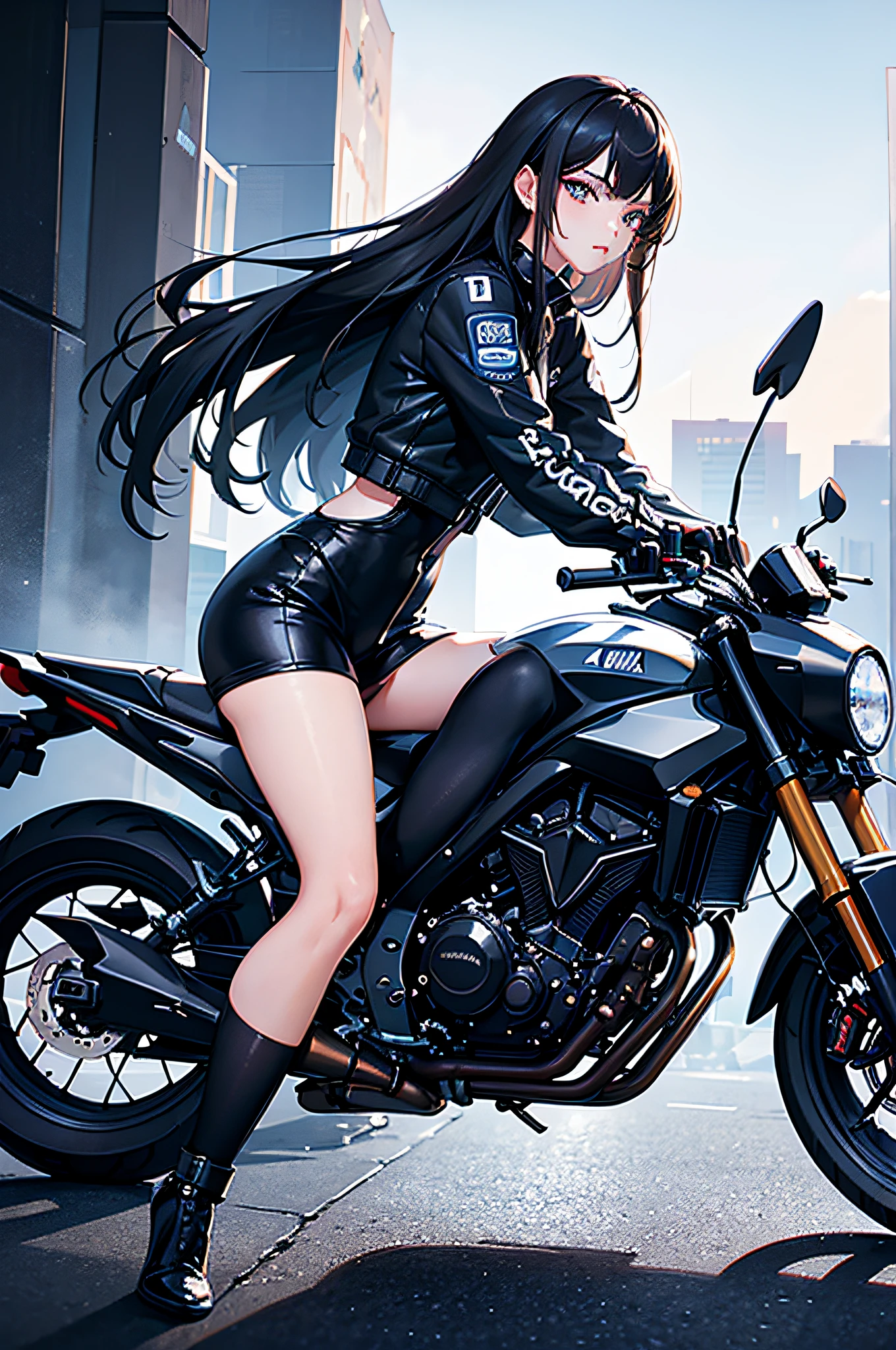 NSFW, 8k, uncensored, masterpiece, best quality, 1girl, solo, jacket, naked, thighhighs, wearing gloves, black hair, black eyes, street, motorcycle, panorama, speed line, depth of field, motion blur, perspective, panorama, riding, floating hair, night, neon trim, hand on hand grip, perfect body, sexy, accurate hands, properly proportioned, cinematic lighting