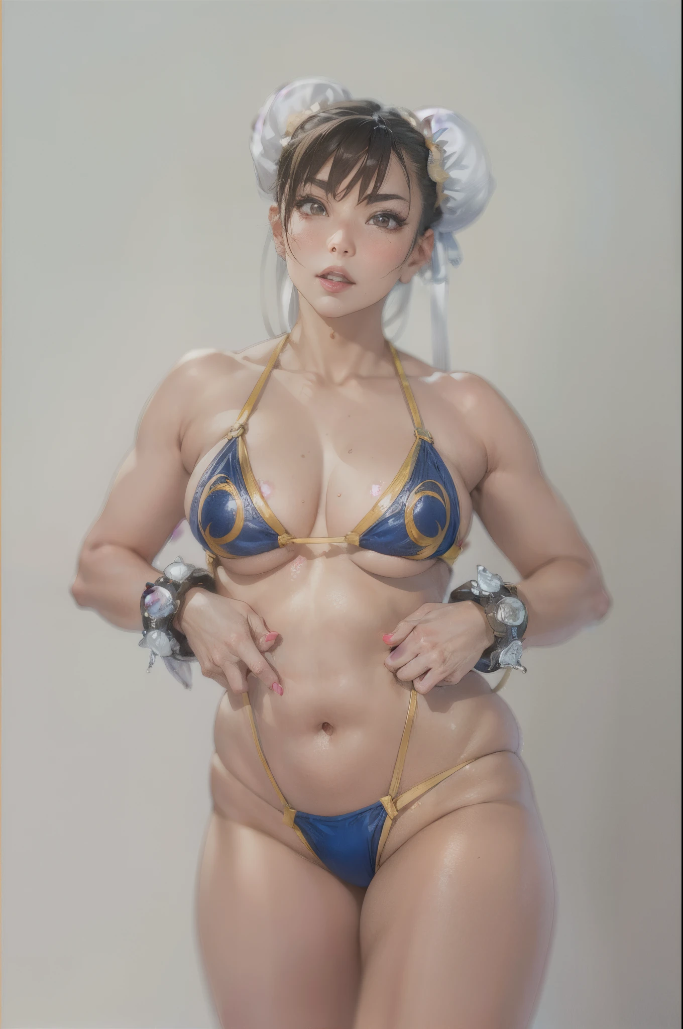 (best quality,4k,8k,highres,masterpiece:1.2),realistic,chun li from street fighters series in a bikini set,detailed face and body,long slender legs and arms,tight abs and toned muscles,tall posture with confidence,long wavy black hair flowing in the wind,beautiful almond-shaped eyes with thick eyelashes,defined eyebrows,dewy and flawless skin,natural blush on the cheeks,full and luscious lips,exquisite gold bracelet on the wrist,elaborate golden anklets on both legs,cute pink nail polish on fingers and toes,dynamic pose with mid-air kick,background with a tropical island paradise,clear blue sky with fluffy white clouds,crystal clear turquoise water,soft sandy beach with palm trees swaying gently in the breeze,vibrant green tropical plants and flowers,soft warm sunlight illuminating the scene,HDR effect to enhance the colors,ultra-detailed bikini with intricate patterns and vibrant colors,physically-based rendering to capture the realistic material of the bikini,subtle bokeh effect to create depth and focus on the character,portrait style to emphasize Chun Li's beauty and strength.