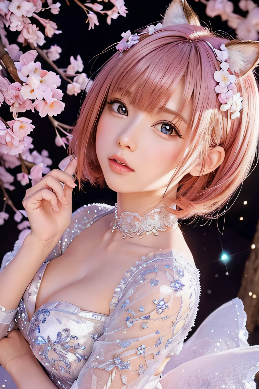 side view, oversaturate, colorfully, Fairytale, dreamlike, Cinematic character render, oil painting, 3D, 8k resolution, sequins, glitter, sakura forest, moonlight, Close up Portrait adorable chibi kawaii anthropomorphic kitten king, Detailed eyes, large round reflective eyes,