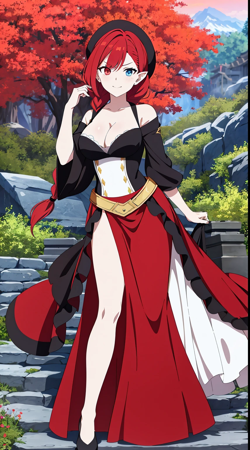 ((tmasterpiece:1.4, Best quality at best))+, (hyper-detailing)+, (Delicate green eyes:1.5)+, (Detailed ears:1.5), (conservative full body gown:1.5), Tight white silk, no headwear, (Black flowers:1.2), pale-skinned, (red cloth:1.5), (Princess dress:1.4), ancient temple in the mountains, censer, The temple was filled with smoke, Big tree in the yard, falling leaf, (Black bandana:1.1), (dawn light:1.2), (A princess:1.5 ), (closeup cleavage:1.1), the only person, Best quality at best, A high resolution, high detal, high high quality, half closed eye, gold eyes, Heterochromia,dark red colored hair, Gradient hair, bluntbangs, expressive hair, long braid, Angry, ssmile, from below, in a panoramic view, 16k