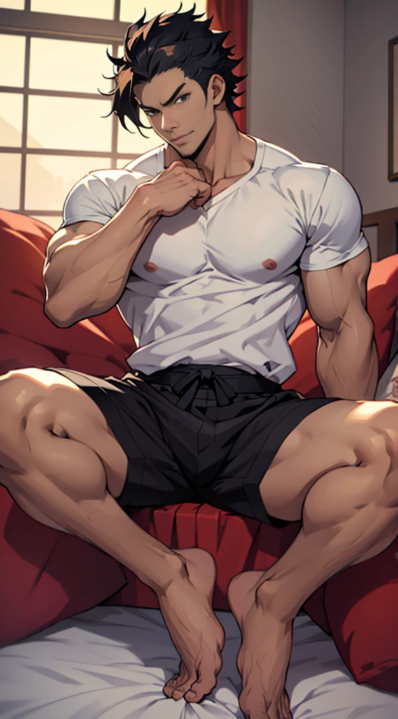 anime character sitting on a bed with a shirt on, handsome anime pose, anime handsome man, handsome guy in demon slayer art, commission for high res, muscular!!, beefcake pose, top rated on pixiv, male anime character, male art, baki style, sfw version, handsome japanese demon boy, badass anime 8 k, sitting on the bed