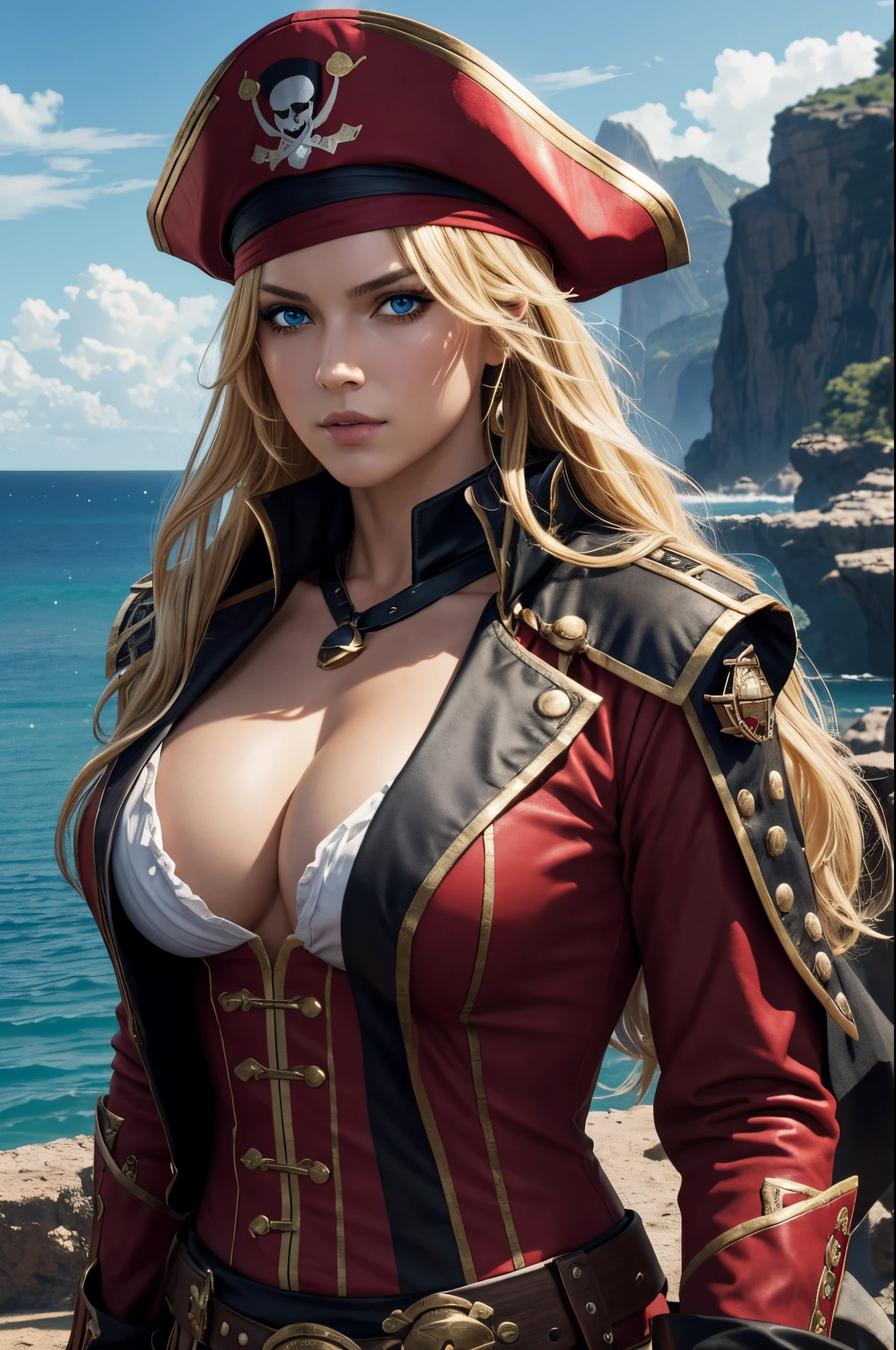 8K,Captain in a red pirate costume,Super beauty(Like the real thing)red and black big chest pirate costume,Realistic costume texture,Eye patch over one eye(A black)enticing,real looking skin,Look at viewers,Blue eyes,Blonde Wavy Hair,Beautiful scenery,超A high resolution,reallistic,2#YQD@\3\S