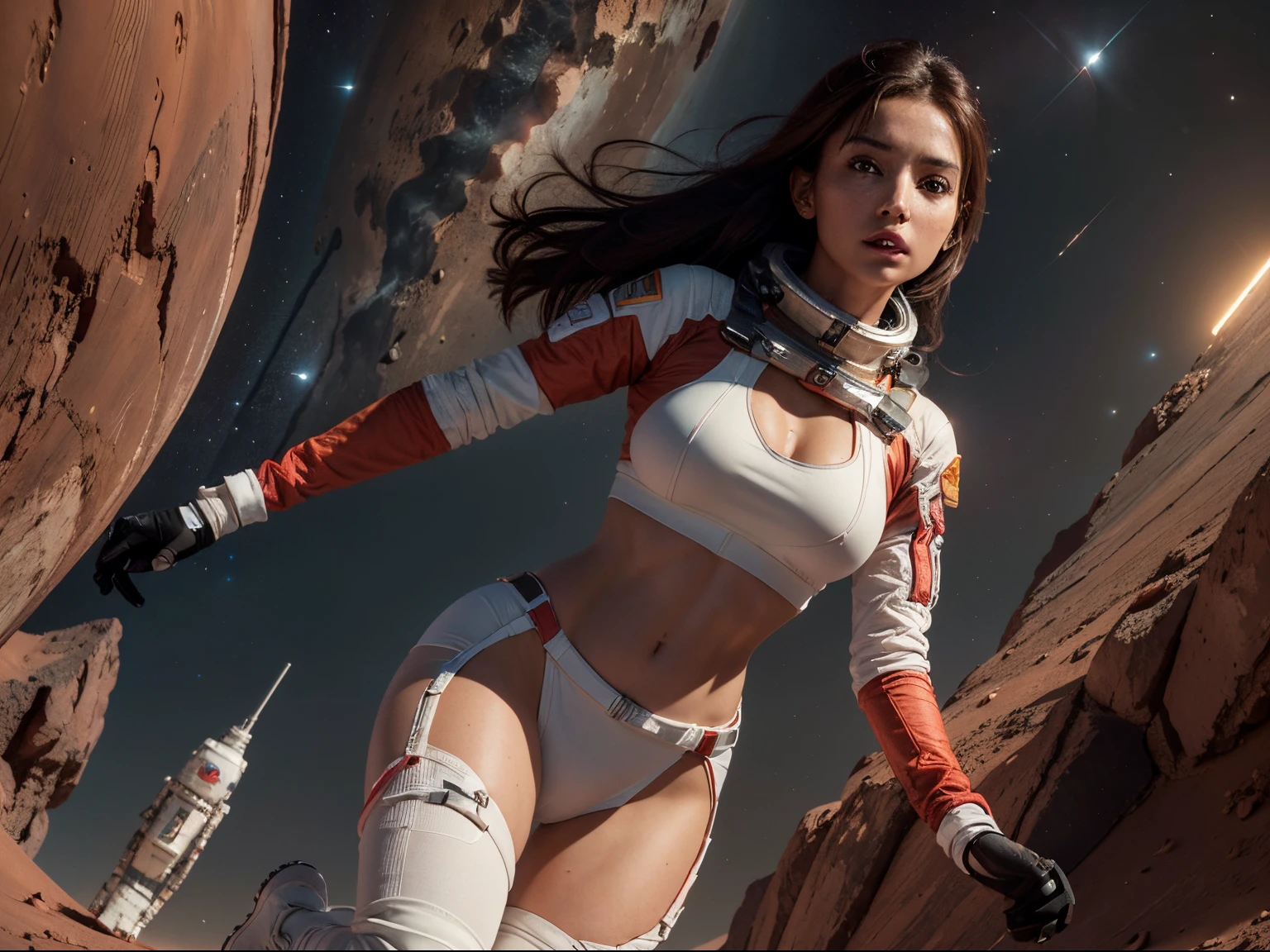 Distance shot, full body portrait, a beautiful brunette woman age 30, walking on the red surface of Mars in a spacesuit, facing the viewer, view of dark outer space, wearing tight white spandex shorts and white sports bra with NASA logo, midriff showing, 4k extremely photorealistic, uhd 4k highly detailed, ((ethereal lighting, ultra-high res.photorealistic:.1.4, (high detailed skin:1.2), 8k uhd, dslr, high quality, film grain, Fujifilm XT3,(masterpiece) (best quality) (detailed) (cinematic lighting) (sharp focus) (intricate)