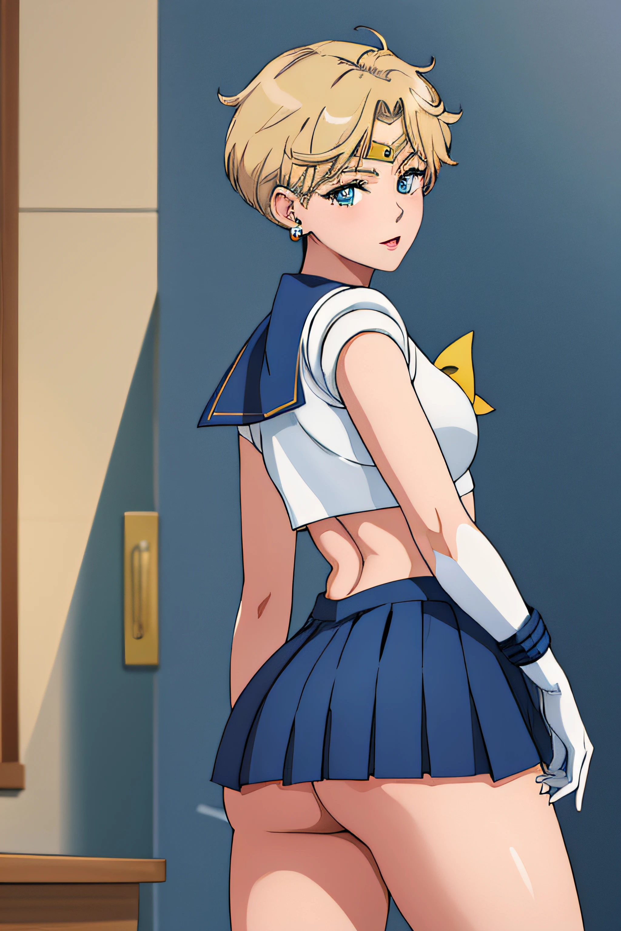 (La mejor calidad:1.1), (Obra maestra:1.4), (absurdos:1.0), retrato, primer plano,1girl, Marinero Urano, KizukiAi, Mujer madura, small breasts, aqua eyes, cabello rubio, Uniforme Sailor Senshi, Collar de marinero, arco de pecho, Arco trasero, Falda suplicante, Guantes blancos de codo, big booty, Ultra minifalda , jewely, Pendientes,, en postura de espalda, Show off your loot, Backwards, No hay tanga Big Booty, Ultra minifalda ( Postura de la espalda, Backwards, Show off your loot)