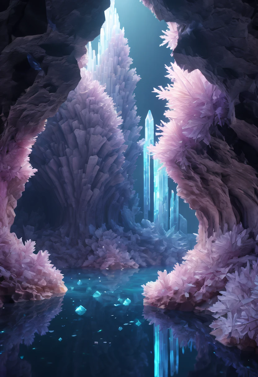 Fantasy cave walls made of mineral crystals,covered with precious crystals, crystal cluster, s fractal art,subsurface, exploration, Glowing crystal, fluorite crystal,associated mineral crystals , Enigmatic Atmosphere, Sparkling crystals, Natural Crystal, sparkling reflections, underground lake, Hidden treasure, mineral structure