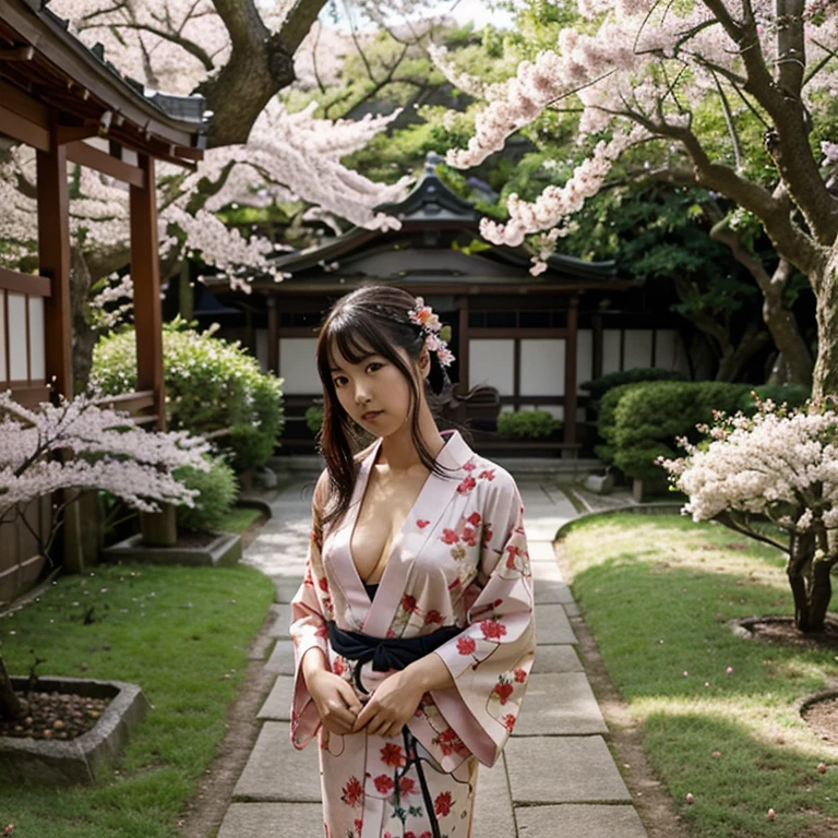 Japanese woman wearing a sexy kimono in a garden with many cherry trees.