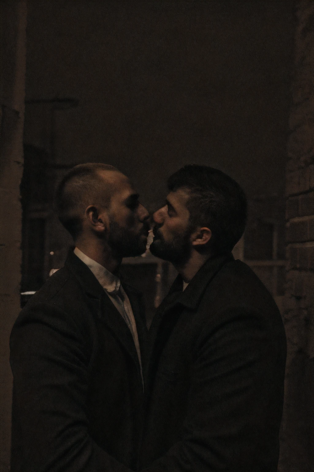 forbidden love, masterpiece, best quality, 2boys, adult males, beards, chavs, rough, dirty, Mancunian, mean, bullies, druggies, skinheads, in the neighbourhood, , soft kiss , realistic, dramatic lighting, atmospheric, intricate detail,