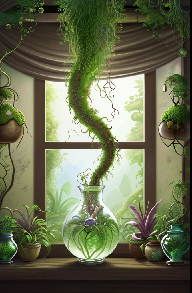painting of a vase with a plant in it sitting on a window sill, painting of one health potion, full color illustration, an alchemical art illustration, science fantasy painting, plant spirit, potion of healing, twisted withering vines, carnivorous plant, inspired by Yanagawa Nobusada, plant roots, graphic of enchanted terrarium, a plant monster, plant monster