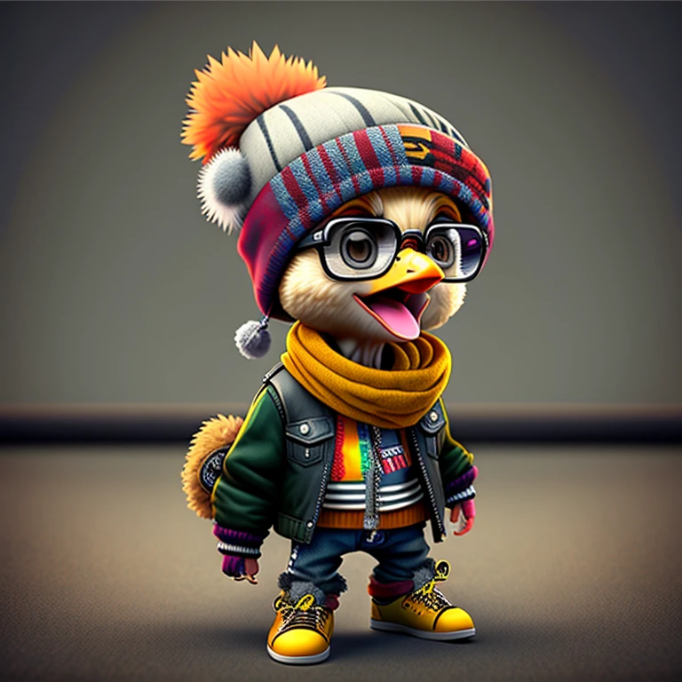 Chicken Little screaming wearing a hat and scarf, trends in the art station, dressed in punk clothing, Ultra-realistic detail rendering, British gang member
