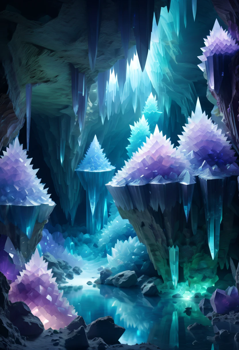 Fantasy cave walls made of mineral crystals，covered with precious crystals, crystal cluster， s fractal art，subsurface, exploration, Glowing crystal, fluorite crystal,associated mineral crystals , Enigmatic Atmosphere, Sparkling crystals, Natural Crystal, sparkling reflections, underground lake, Hidden treasure, mineral structure