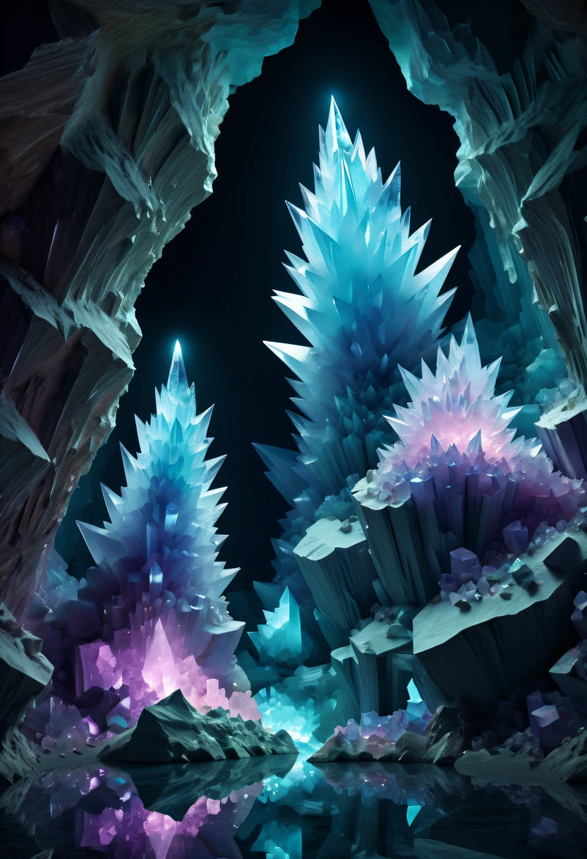 Fantasy cave walls made of mineral crystals，covered with precious crystals, crystal cluster， s fractal art，subsurface, exploration, Glowing crystal, fluorite crystal,associated mineral crystals , Enigmatic Atmosphere, Sparkling crystals, Natural Crystal, sparkling reflections, underground lake, Hidden treasure, mineral structure