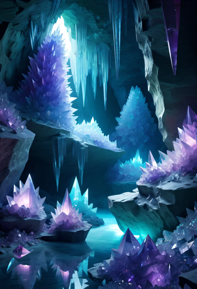 Fantasy cave walls made of mineral crystals，covered with precious crystals, crystal cluster， s fractal art，subsurface, exploration, Glowing crystal, fluorite crystal,associated mineral crystals , Enigmatic Atmosphere, Sparkling crystals, Natural Crystal, sparkling reflections, underground lake, Hidden treasure, mineral structure